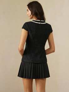 BELROSIE 新款法式复古优雅女士粗花呢拼接褶皱金属纽扣装饰圆领迷你短袖收腰修身连衣裙 - 黑色 - 查看 4