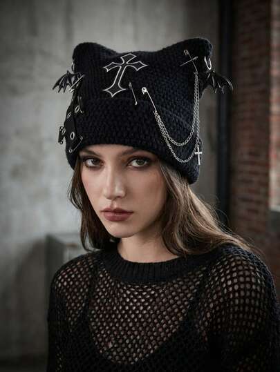 Joivida 1Pc/2Pcs/3Pcs Punk Cat Ear Cross Chain Beanie, Y2K Subculture Devil Wool Hat, Winter Warm Knitted Cap For Women