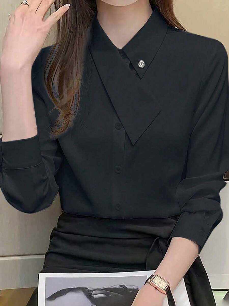 EMERY ROSE 女士不对称领百搭优雅办公室通勤 T 恤 - 黑色 - 查看 1