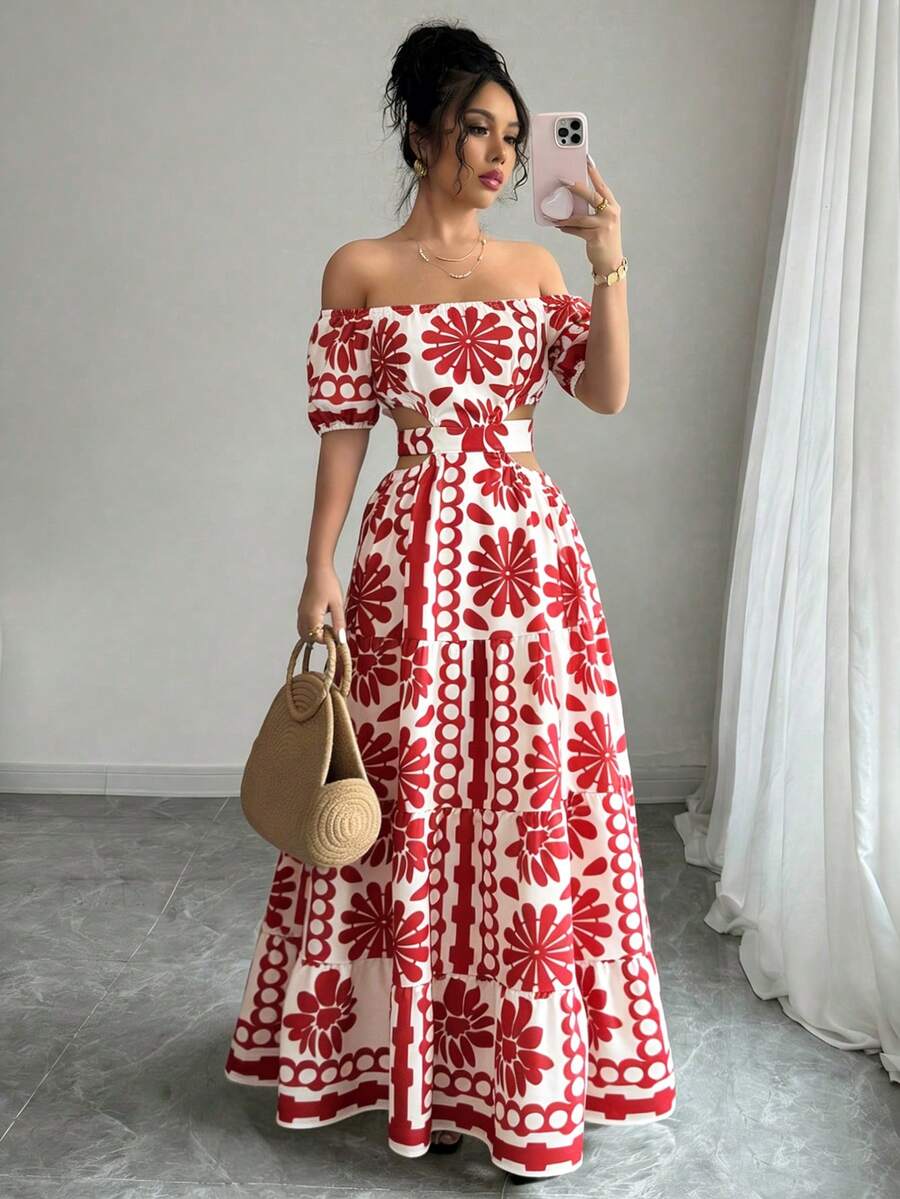 Rafferiza Vestido casual de vacaciones con hombros descubiertos y lazo en la espalda - Rojo - Ver 1