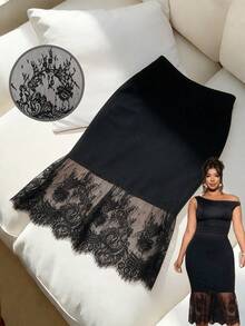 Cravure Women's Elegant Commuter Fitted Solid Color Lace Patchwork Skirt - Black - View 1