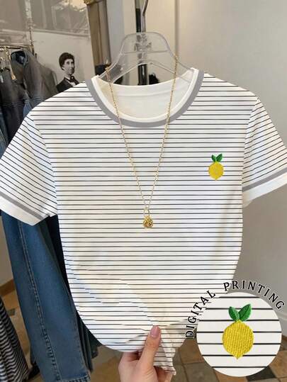 Resyla Women's Casual Striped Lemon Print T-Shirt, Summer