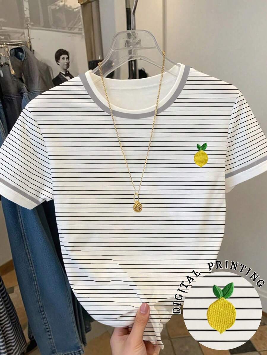 Resyla Women's Casual Striped Lemon Print T-Shirt, Summer - Multicolor - View 1