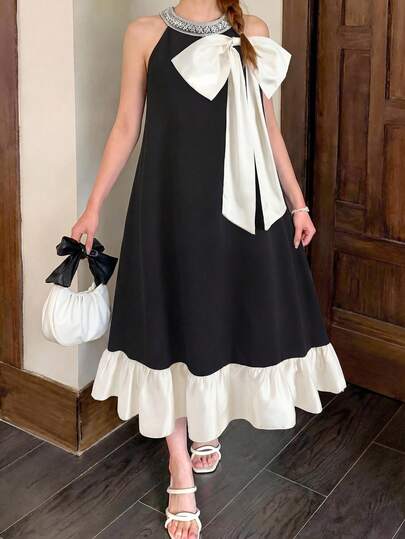 Teen Girl Loose Elegant Round Neck Sleeveless Color Block Bow Decor Dress, Black Dress, Party Wear Luxurious Elegant Party Dress For Girls, Suitable For Prom, Wedding, Party, Events