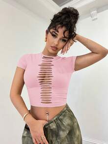 SHEIN BAE Áo thun kaki bó sát, màu trơn, kiểu dáng grunge, khoét lỗ, thích hợp cho các lễ hội âm nhạc, buổi hòa nhạc và mặc thường ngày. - Bụi hồng - Xem 6
