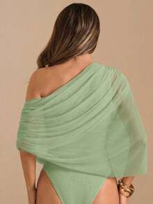 SHEIN BAE Autumn/Winter Solid Brown/Coffee Off Shoulder Ruched Fitted Elegant Bodysuit, Tight-Fitting Graceful Fitted Bodysuit, Draped Top - Mint Green - View 2