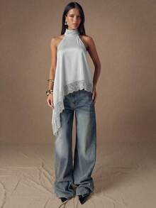 SHEIN BAE Áo hai dây satin hở lưng phối ren thanh lịch, kiểu dáng gợi cảm cổ yếm không tay, thích hợp cho tiệc tùng, cocktail, các dịp trang trọng, Giáng sinh, hoặc trang phục công sở thường ngày. - Màu Xám nhạt - Xem 6