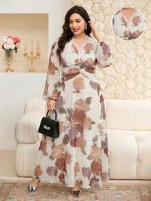 Modelyn Plus Size Women Floral Contrast Lace V-Neck Lantern Sleeve Elegant Dress - Apricot - View 3