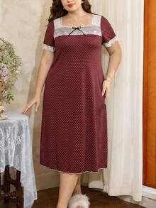 Côtesoire Elegantes französisches Stil Maxikleid mit Langarm, Spitzen-Patchwork, locker geschnittenes Polka Dot Kontrastfarbenes Nachthemd, Große Größen - Bordeaux - Übersicht 5