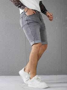 Manfinity Homme Celana Capri Denim Skinny Kasual Musim Panas Elastis untuk Pria Ukuran Besar - Grey - View 7