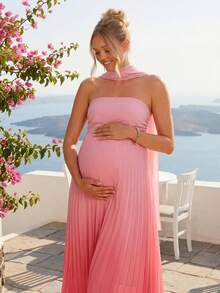 SHEIN Loomaby Elegant Gradient Pleated Strapless Maternity Dress For Party,Gender Reveal Dress,Maternity Dress, Baby Shower Dress,  Luxury Evening Dresses For Women - Pink - View 6