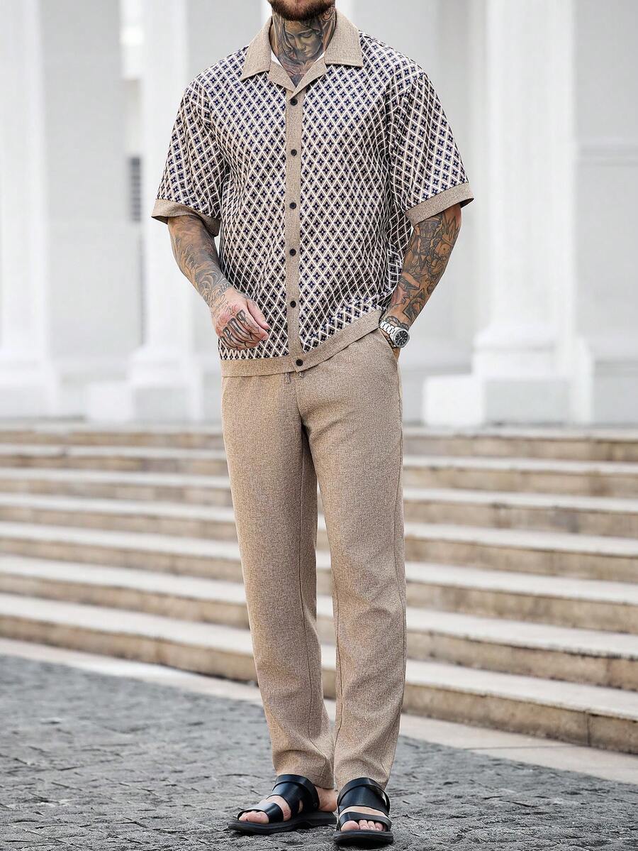Manfinity Homme 男士休闲度假风印花短袖衬衫长裤套装,春夏秋季 - 卡其色 - 查看 1