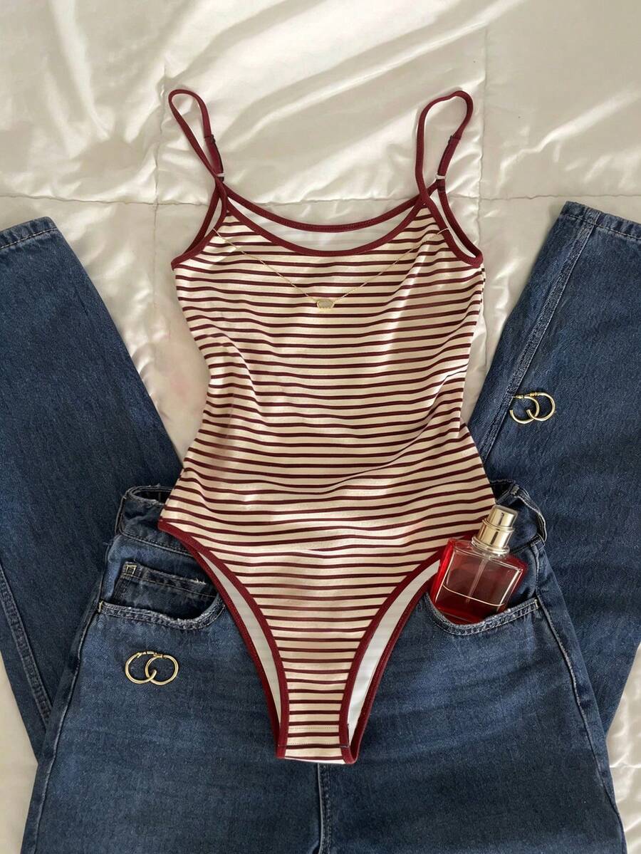 Glimmora Áo liền thân kẻ sọc mùa hè dành cho nữ - Đỏ và trắng - Xem 1