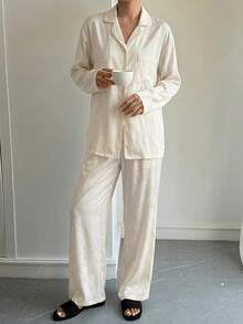 DAZY Chinese Style Bamboo Leaves Pattern Jacquard Satin Pajama Set Fall Winter Clothes - Beige - View 2