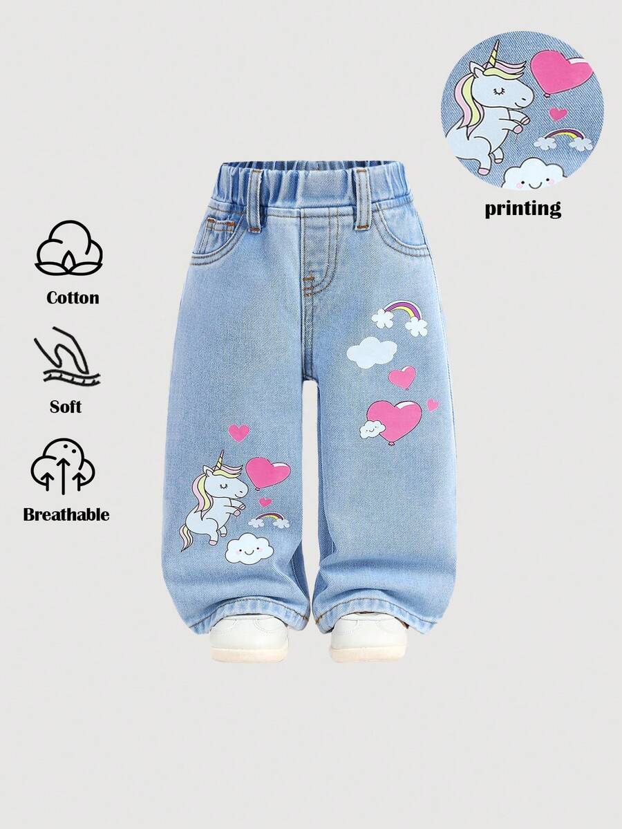 Pantalones sueltos de mezclilla azul con estampado de poni y arcoíris para bebé niña - Lavado ligero - Ver 1