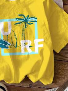 SHEIN Áo thun đơn giản, thoải mái cho bé trai, thích hợp cho mùa xuân/hè, kiểu dáng nghỉ dưỡng với họa tiết cây dừa và chữ in. - Nhiều màu - Xem 5