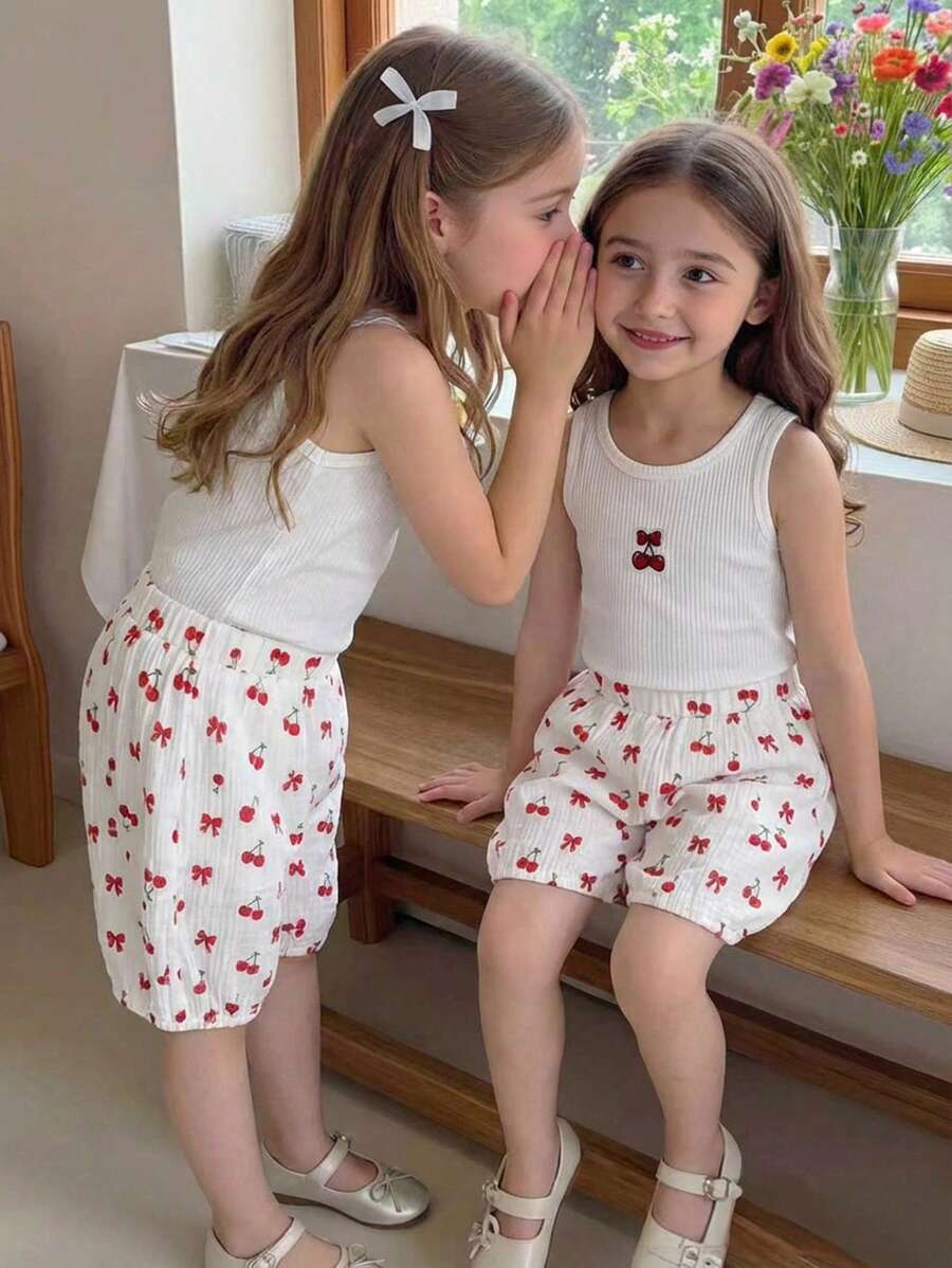 SHEIN Vintaside Kids 2件組少女可愛蝴蝶結無袖上衣與粉色格紋短褲,清新夏季海灘、野餐與休閒外出穿搭 - 彩色 - 查看 1