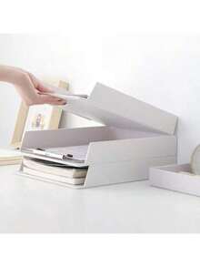 1PC, Desktop Stackable Storage Box, Office Pull-Out File Storage Box A4 Storage Box Desktop Plastic Drawer Stationery Holder Pen Holder - White - View 9