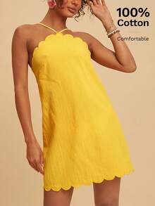 Travachic Đầm mini không tay thêu họa tiết, cổ yếm, viền bèo nhún dành cho nữ năm 2026, thích hợp cho kỳ nghỉ, hẹn hò, đi biển, du lịch, tiệc tùng, ăn trưa. - Màu vàng - Xem 4