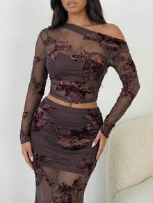 SHEIN Allurite 女士提花网纱不对称肩部长袖上衣和修身中长裙两件套 - 棕色 - 查看 3