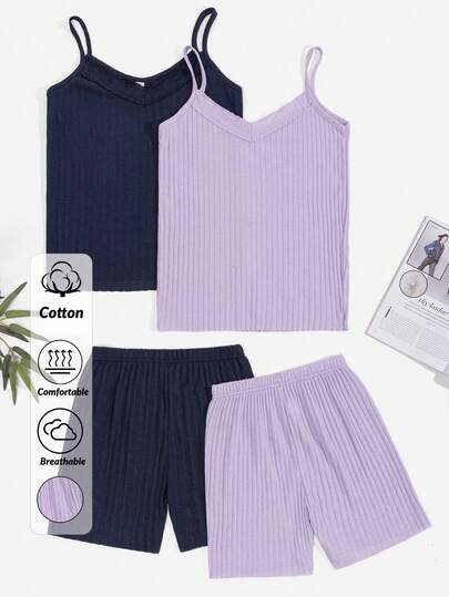 SHEIN 100%Cotton Petite Size 2pcs Women's Cami Top & 2pcs Shorts Lounge Set Lavender Pajama Set Sleep Wear Women Set Summer Sleep Wear Sets
