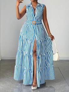 Maweii French Retro Casual Turndown Collar Striped Slimming Sleeveless Shirt Dress - Blue - View 1