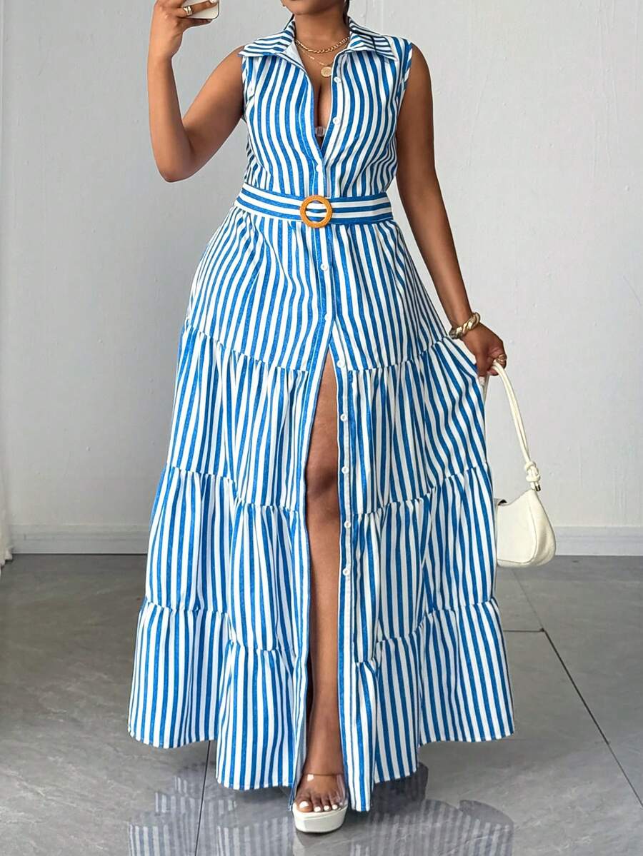 Maweii French Retro Casual Turndown Collar Striped Slimming Sleeveless Shirt Dress - Blue - View 1