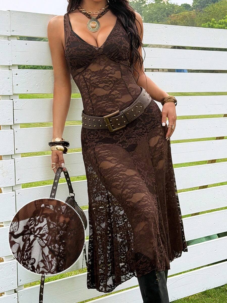 SHEIN EZwear 女士复古性感薄纱咖啡色长款蕾丝连衣裙，夏季 - 咖啡棕 - 查看 1