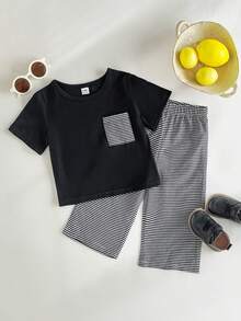 SHEIN Playful Pals 男宝宝可爱休闲短袖上衣和格子裤两件套，适合夏季、居家和旅行 - 黑與白 - 查看 3