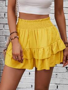SHEIN Holidaya Pantalones culotte de verano con cintura de bolsa de papel de unicolor, dobladillo con volantes - Amarillo - Ver 4