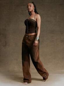 Denimoi Áo corset denim nhung buộc dây khoét eo với chi tiết vòng chữ O, kiểu dáng gợi cảm, thích hợp cho các buổi tiệc tùng, đi club hoặc concert. - Cà phê nâu - Xem 3