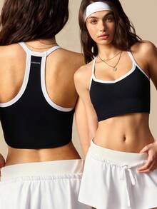 VARSIVA Contrast Color Trim Super Short Sports Halter Top - Black and White - View 2