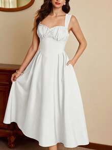 Vintamour White Summer Elegant Wedding Bridal Vintage Women's Bustier Dress With Pockets Ruched Floral Hem Casual Vacation Holiday Christmas New Year's Outfit - White - View 3