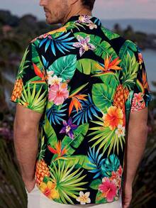 Maristyn Men's Tropical Hawaiian Shirt: Vibrant Floral & Pineapple Print Short Sleeve Button Down Shirt Regular Fit Woven Fabric For Summer, Luau Shirt, Men Tropical Shirts, Hawaii Shirt For Men, Pineapple Shirt Men - Multicolor - View 2