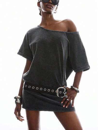 LYSMO 复古水洗宽松不对称肩部T恤裙，西部音乐节风格，夏季