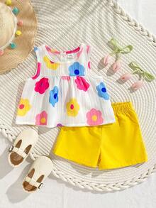 SHEIN Playful Pals 女婴白色纯色提花无袖褶皱露脐上衣，饰以彩色波点印花，搭配粉色松紧腰短裤，舒适优雅的法式乡村风春夏度假装扮 - 黃色 - 查看 6