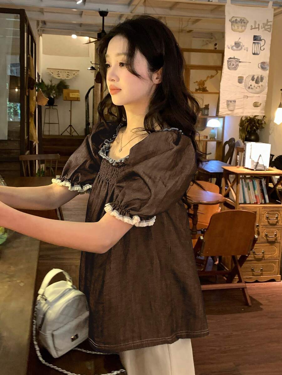 DAZY 女士宽松花瓣袖牛仔效果衬衫可爱上衣夏季 - 咖啡棕 - 查看 1