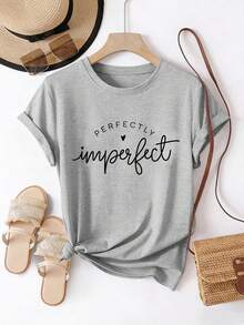 EMERY ROSE 100%纯棉，简约字母印花浅灰色女式圆领T恤，完美诠释不完美之美，适合夏季穿着，舒适透气的棉质面料，休闲百搭风格，时尚T恤，精美T恤，送给兄弟姐妹、姐妹、妈妈的礼物，母亲节礼物，休闲约会时尚T恤 - 淺灰色 - 查看 3
