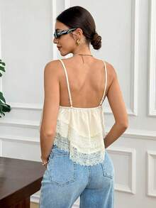 Serisse 女士夏季性感度假风纯色撞色蕾丝宽松吊带背心 - 杏色 - 查看 2