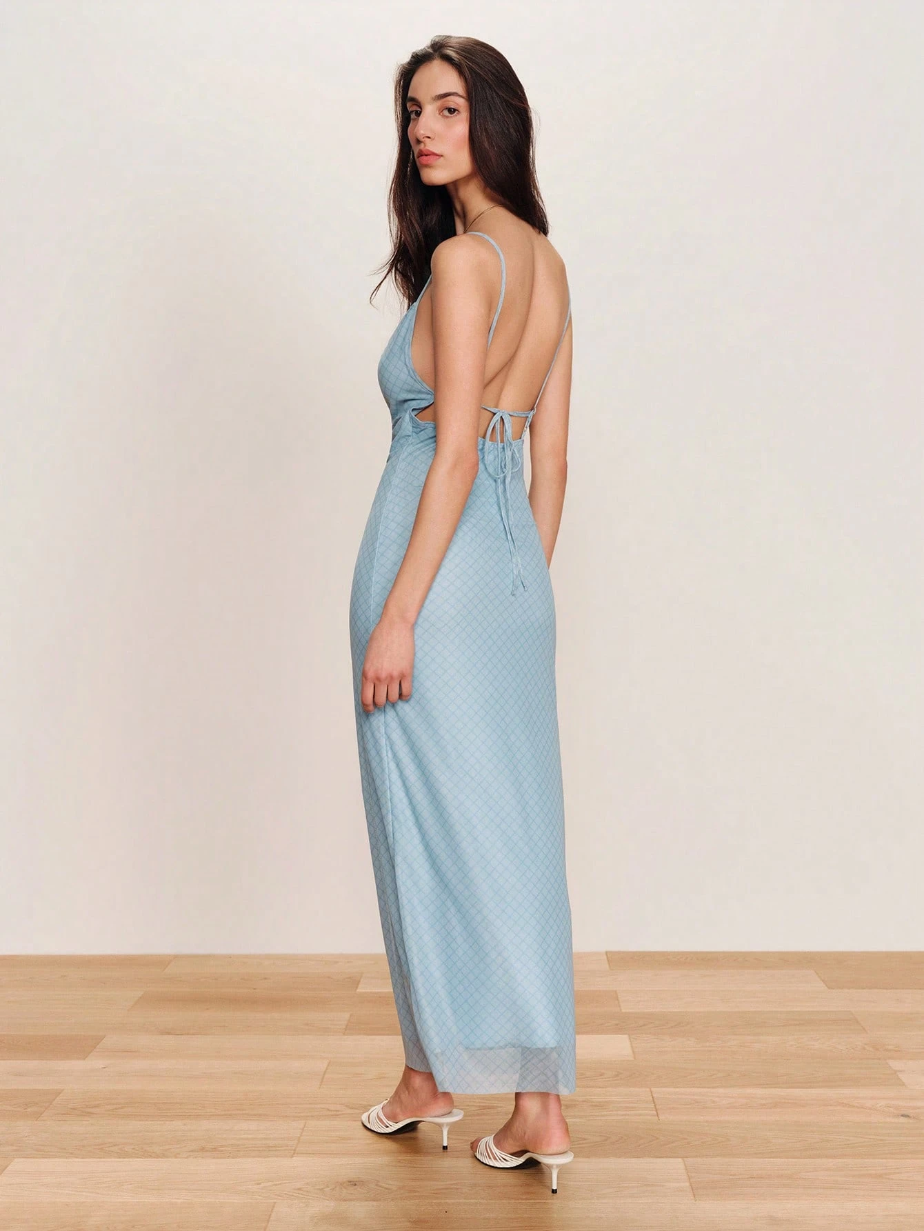 Blue Plaid Mesh Midi Dress With Cowl Neckline Checkered Evening Dress Elegant Blue Dress Date Night Dress Vacation Dress Spring Summer French Style Parisian Style Graduation Dress