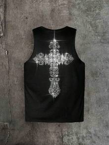 AXEPEAK 男士十字印花休闲无袖背心 - 黑色 - 查看 5