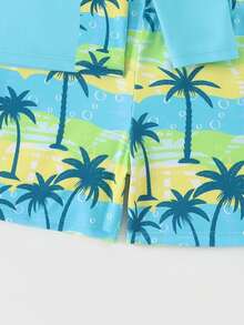 男童泳装，蓝色棕榈树印花长袖吊带泳衣套装，休闲度假泳装，适合游泳、夏季海滩、泳池、度假、派对 - 薄荷藍 - 查看 5