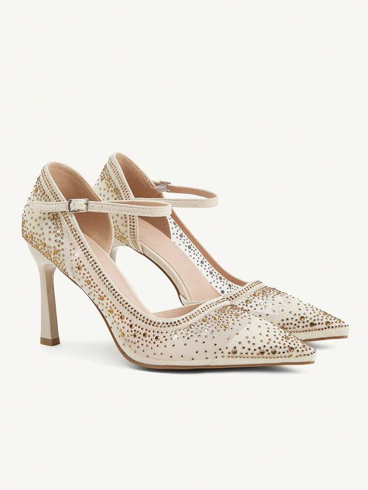 CUCCOO CHICEST Women's Pointed Toe High Heel Shoes, Rhinestone Decor Mesh Fabric, Fashion Comfortable For Daily, Party, Banquet, Buckle Strap Design Elegant Shoes Wedding Shoes Spring Shoes Bride Shoes