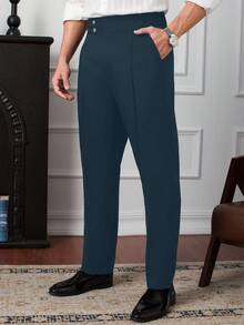 Manfinity Homme Men's Summer Casual/Business Solid Color High-Waist Suit Pants - Navy Blue - View 4