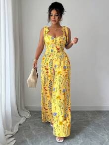 Elenzga Plus Size Women's Spaghetti Strap Backless Design + High Waist Wide Leg Pants 2 Pieces Set - Yellow - View 3