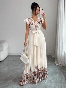 Lyxana Đầm xếp ly in họa tiết cổ điển phong cách nghỉ hè, đầm thường ngày không tay thắt eo. - Nhiều màu - Xem 6