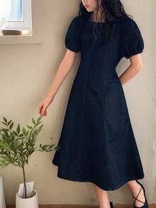 Đầm denim cổ tròn, tay phồng, phối nhiều mảnh vải, dành cho thiếu nữ - Rửa tối - Xem 7
