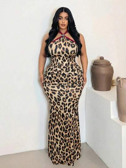 Maweii Plus Size Women's Sexy Leopard Print Color Block Metal Buckle Backless Tie Front Bodycon Dress, Summer