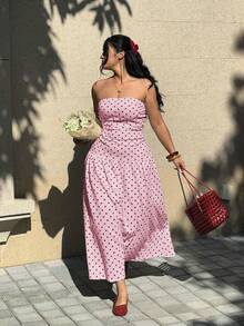 GalTyme Đầm cúp ngực cỡ lớn in chấm bi hồng - Hồng - Xem 1