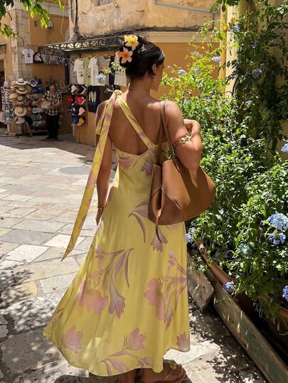 Firerie Women Solid Color Casual Spaghetti Strap Backless Floral Print Loose Hawaiian Vacation Sundress, Yellow Butter Yellow Summer Dress For Women,Boho Clothes Women